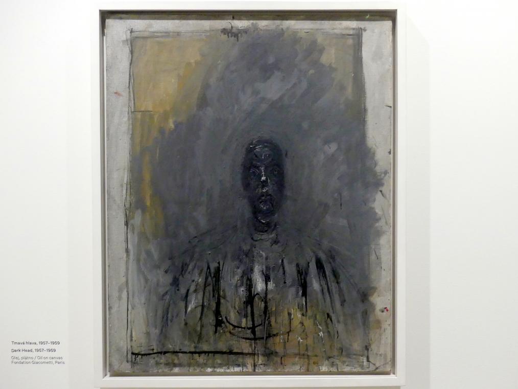Alberto Giacometti (1914–1965), Dunkler Kopf, Prag, Nationalgalerie im Messepalast, Ausstellung "Alberto Giacometti" vom 18.07.-01.12.2019, Köpfe, 1957–1959, Bild 1/2