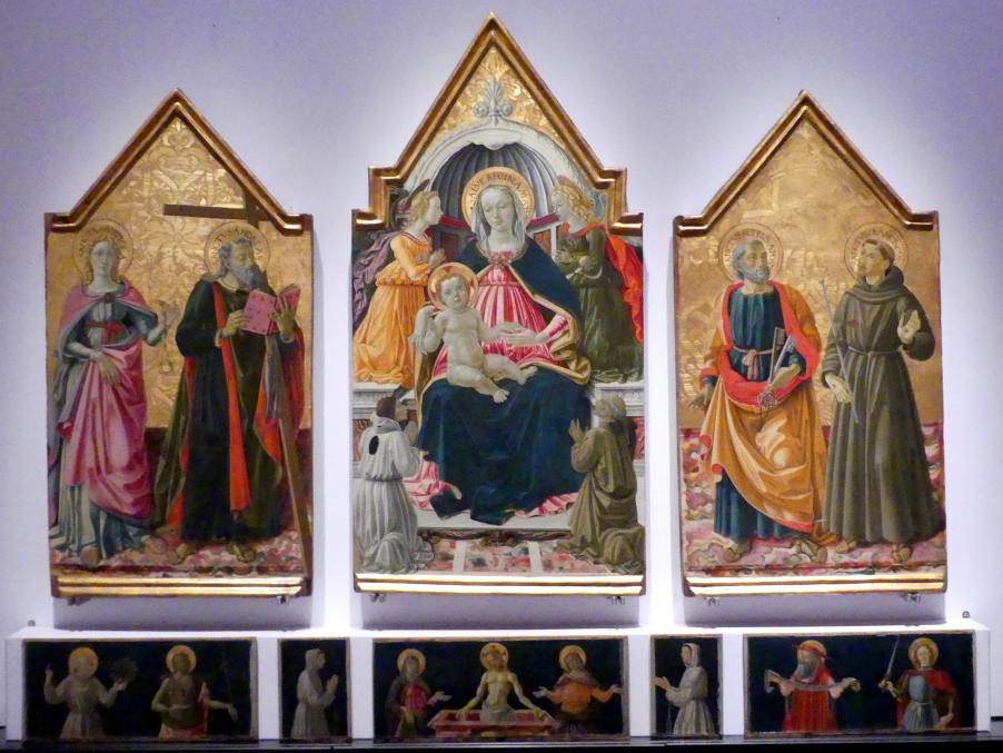 Bartolomeo Caporali (1465–1478), Triptychon der Gerechtigkeit, Perugia, Oratorio di San Bernardino da Siena, jetzt Perugia, Nationalgalerie von Umbrien (Galleria nazionale dell'Umbria), 15: Perugino, Bottega del 1473, 1475