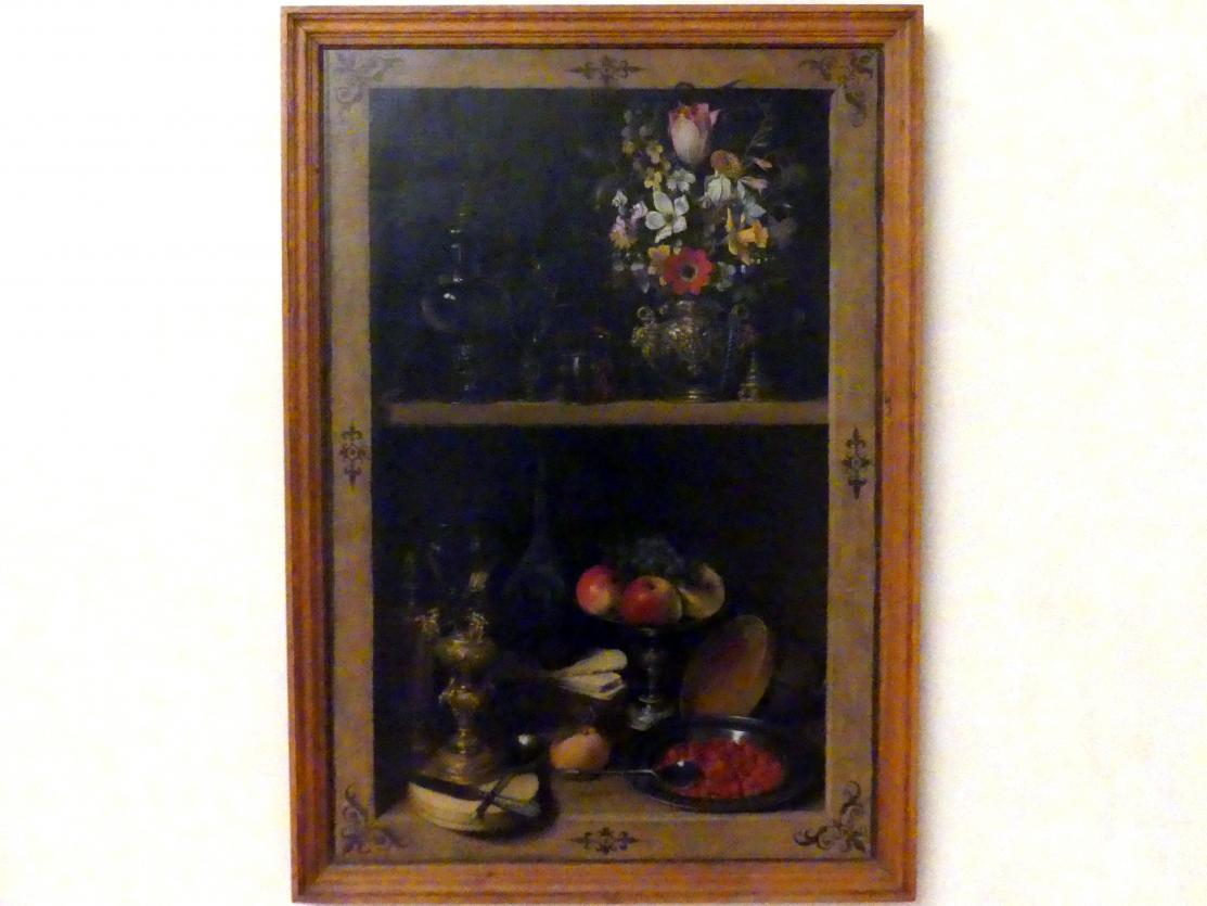 Georg Flegel (1595–1638), Regal mit Obst und Blumen, Prag, Nationalgalerie im Palais Schwarzenberg, 1. Obergeschoss, Saal 4, 1610–1620, Bild 1/2