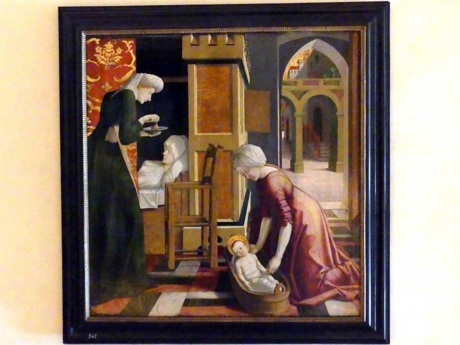 Michael Pacher (1461–1497), Die Geburt Mariens, Prag, Nationalgalerie im Palais Schwarzenberg, 2. Obergeschoss, Saal 2, um 1465, Bild 1/2