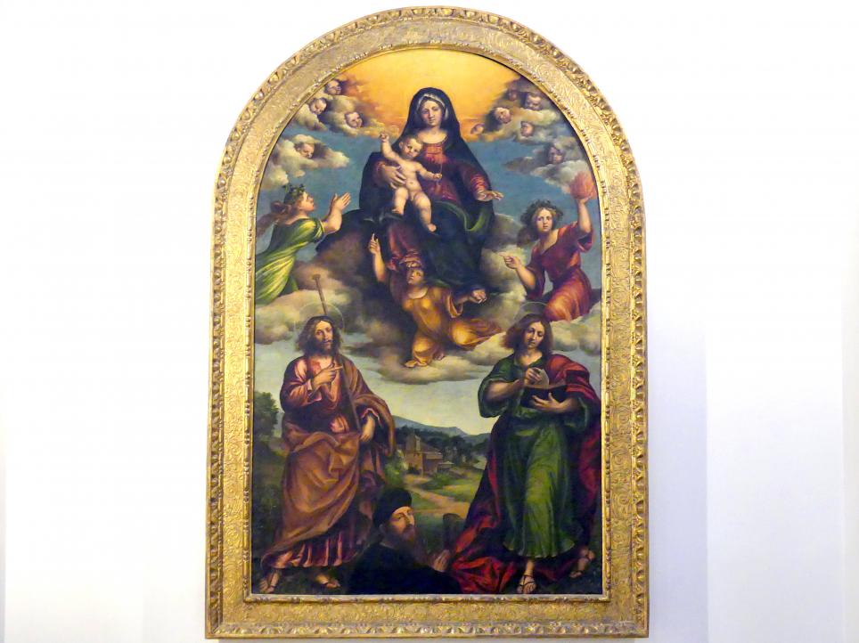 Nicola (Nicolò) Giolfino (1500–1527), Madonna mit drei christlichen Tugenden, den hll. Jakobus Major, Johannes der Evangelist und einem Stifter, Verona, San Giacomo Ospitale, jetzt Berlin, Bode-Museum, Basilika, um 1525–1530