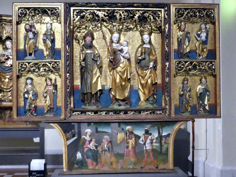 Flügelretabel mit der Muttergottes und Heiligen, Teutschenthal-Eisdorf, Kirche St Johannes, jetzt Berlin, Bode-Museum, Saal 107, um 1510–1520, Bild 1/3