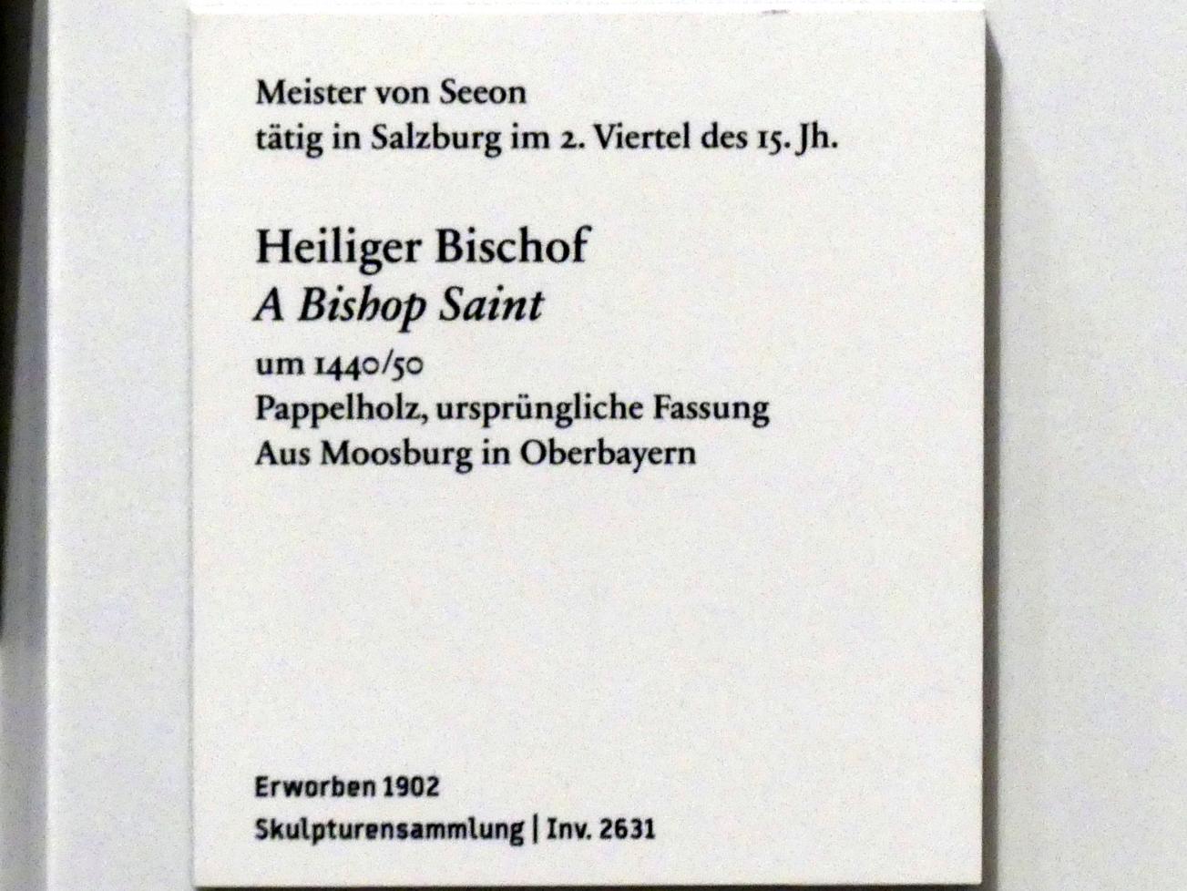 Meister von Seeon (1430–1445), Heiliger Bischof, Moosburg an der Isar, Münster St. Kastulus, jetzt Berlin, Bode-Museum, Saal 106, um 1440–1450, Bild 2/2