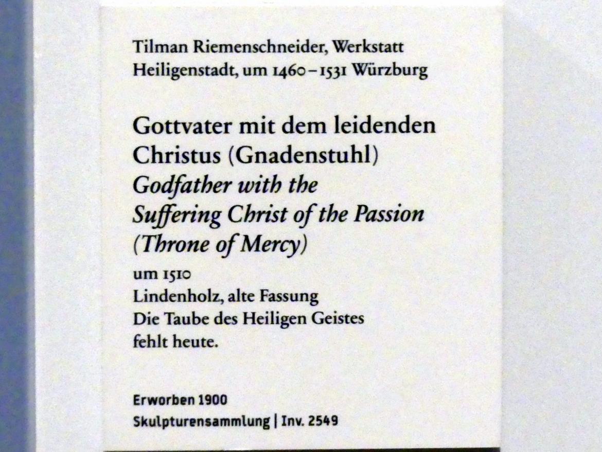 Tilman Riemenschneider (Werkstatt) (1487–1520), Gottvater mit dem leidenden Christus (Gnadenstuhl), Berlin, Bode-Museum, Saal 109, um 1510, Bild 4/4