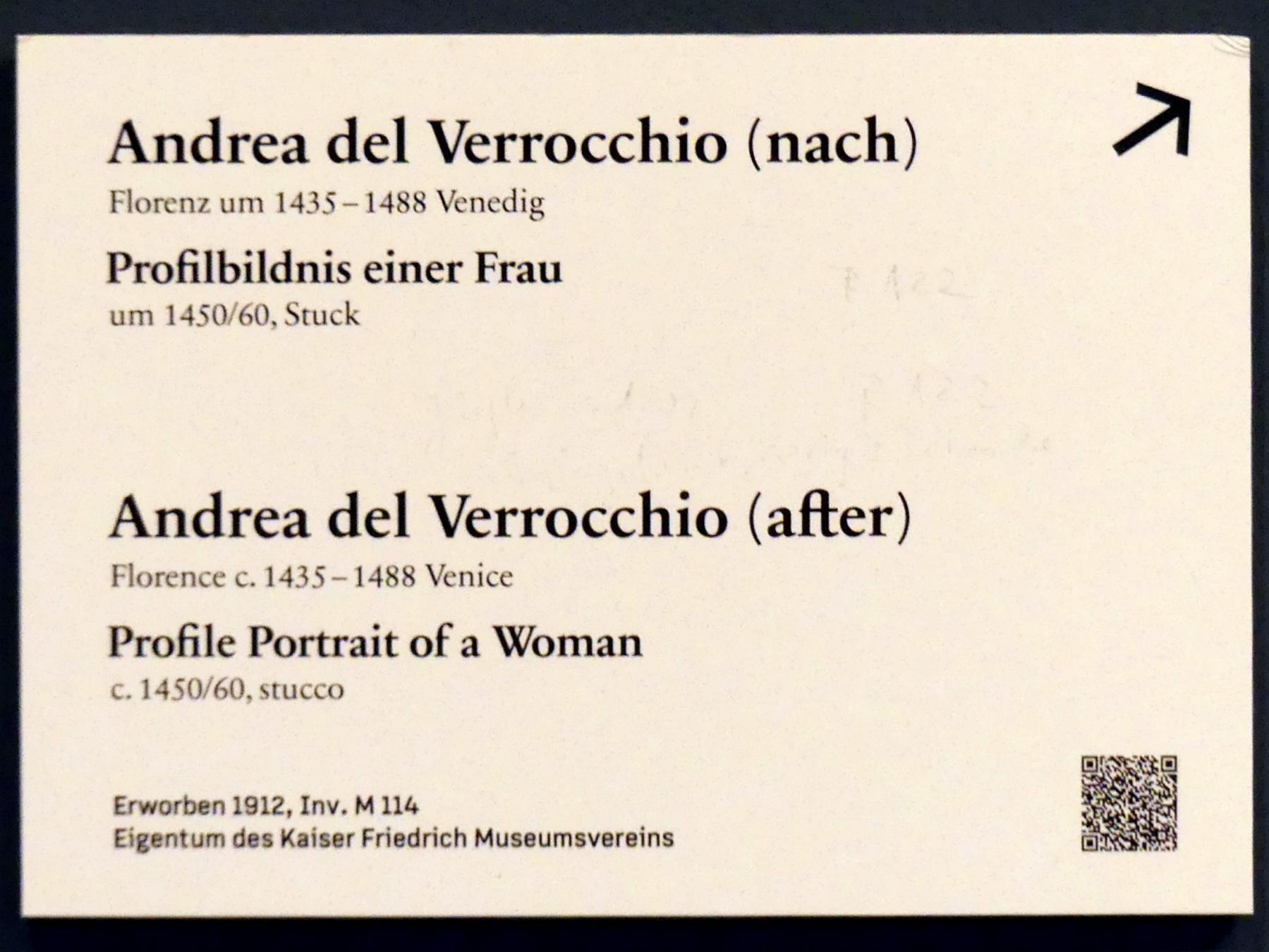 Andrea del Verrocchio (Nachahmer) (1455–1475), Profilbildnis einer Frau, Berlin, Bode-Museum, Saal 122, um 1450–1460, Bild 2/2