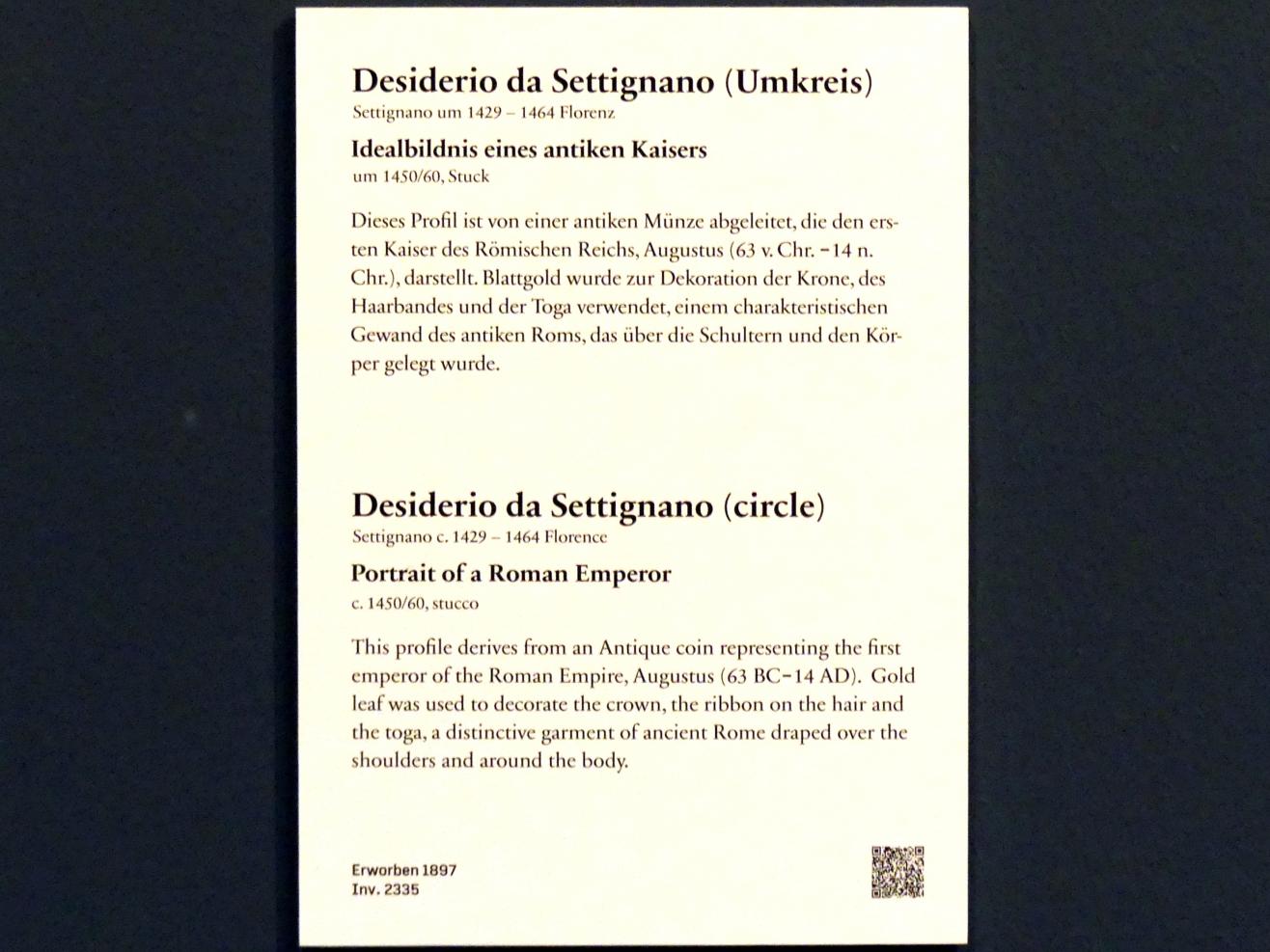 Desiderio da Settignano (Umkreis) (1452–1464), Idealbildnis eines antiken Kaisers, Berlin, Bode-Museum, Saal 122, um 1450–1560, Bild 2/2