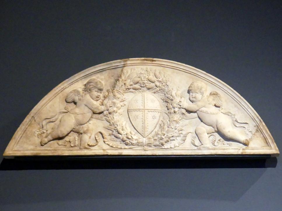 Benedetto da Maiano (Werkstatt) (1485), Lünette mit zwei Putten und dem Wappen der Florentiner Familie Gherardi, Berlin, Bode-Museum, Saal 122, um 1480–1490