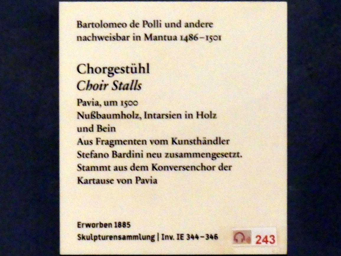Chorgestühl, Pavia, Certosa di Pavia, jetzt Berlin, Bode-Museum, Saal 129, um 1500, Bild 4/4
