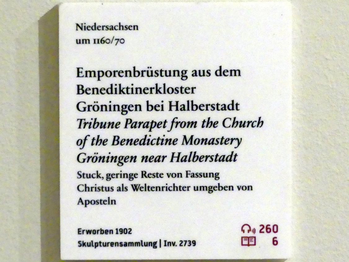 Emporenbrüstung aus dem Benediktinerkloster Gröningen bei Halberstadt, Gröningen, ehem. Benediktinerkloster, jetzt Berlin, Bode-Museum, Saal 141, um 1160–1170, Bild 2/2