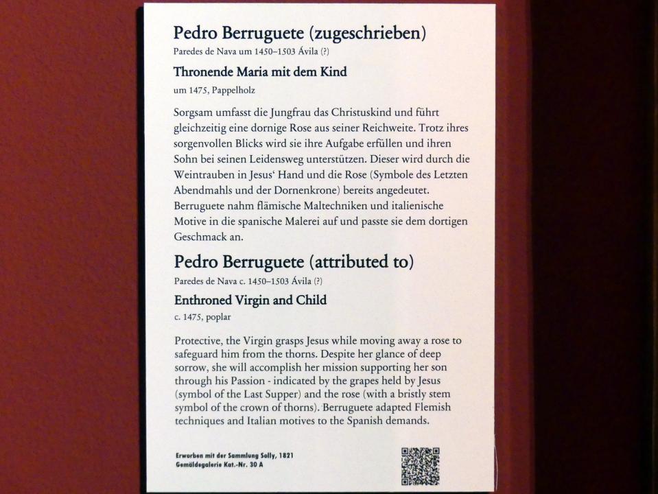 Pedro Berruguete (1475), Thronende Maria mit dem Kind, Berlin, Bode-Museum, Saal 211, um 1475, Bild 2/2