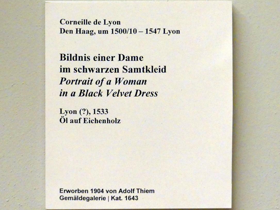 Corneille de Lyon (1533–1550), Bildnis einer Dame im schwarzen Samtkleid, Berlin, Bode-Museum, Saal 221, 1533, Bild 3/3
