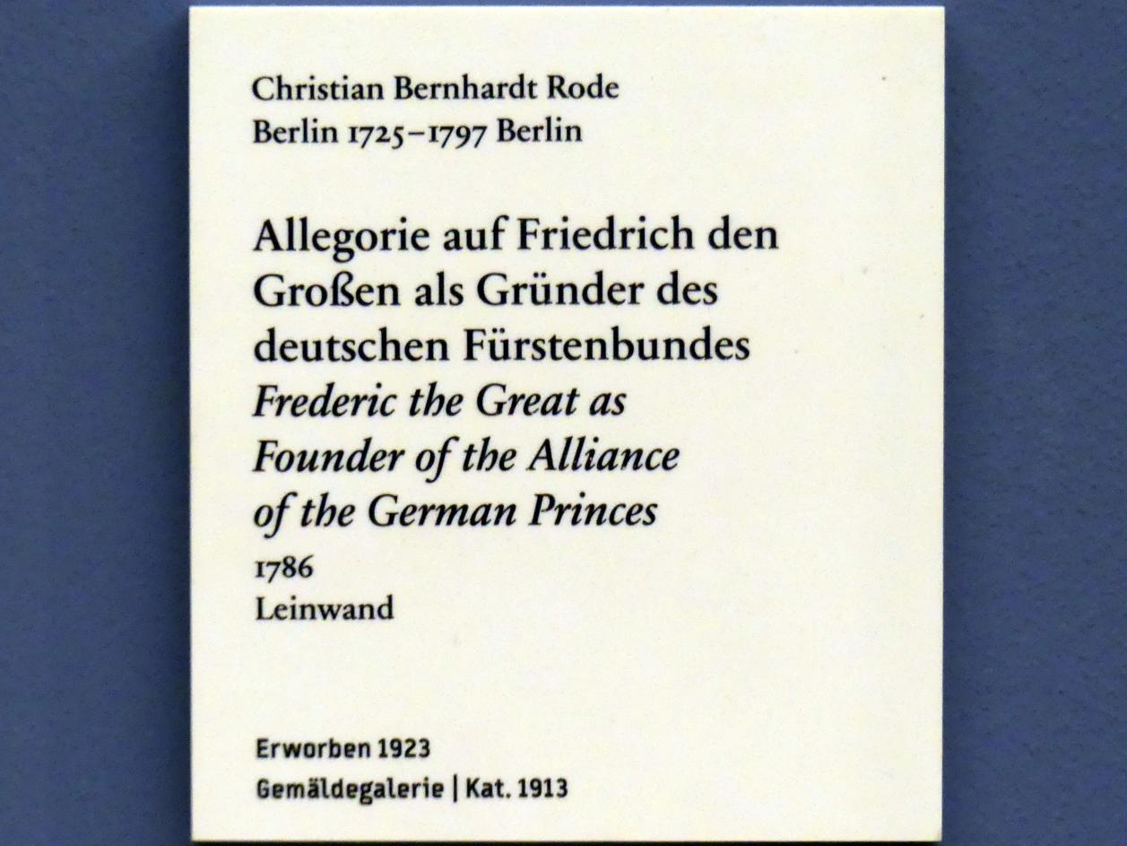 Christian Bernhard Rode (1745–1794), Allegorie auf Friedrich des Großen als Gründer des deutschen Fürstenbundes, Berlin, Bode-Museum, Saal 258, 1786, Bild 2/2