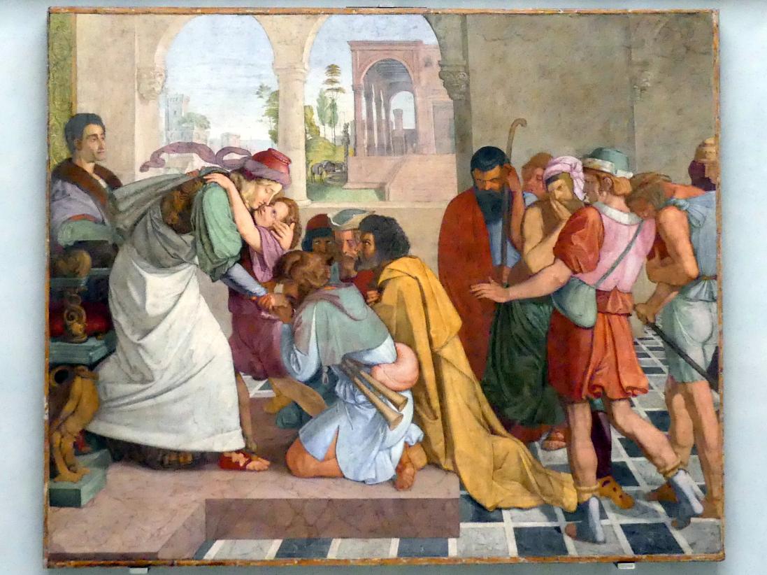 Peter von Cornelius (1816–1859), Joseph gibt sich seinen Brüdern zu erkennen, Rom, Palazzo Zuccari, jetzt Berlin, Alte Nationalgalerie, Saal 302, Wandbilder aus der Casa Bartholy, 1816–1817, Bild 1/2