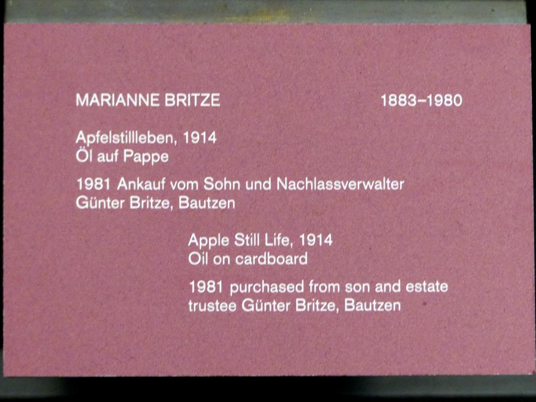 Marianne Britze (1914), Apfelstillleben, Berlin, Alte Nationalgalerie, Saal 304, Künstlerinnen der Nationalgalerie vor 1919, 1914, Bild 2/2