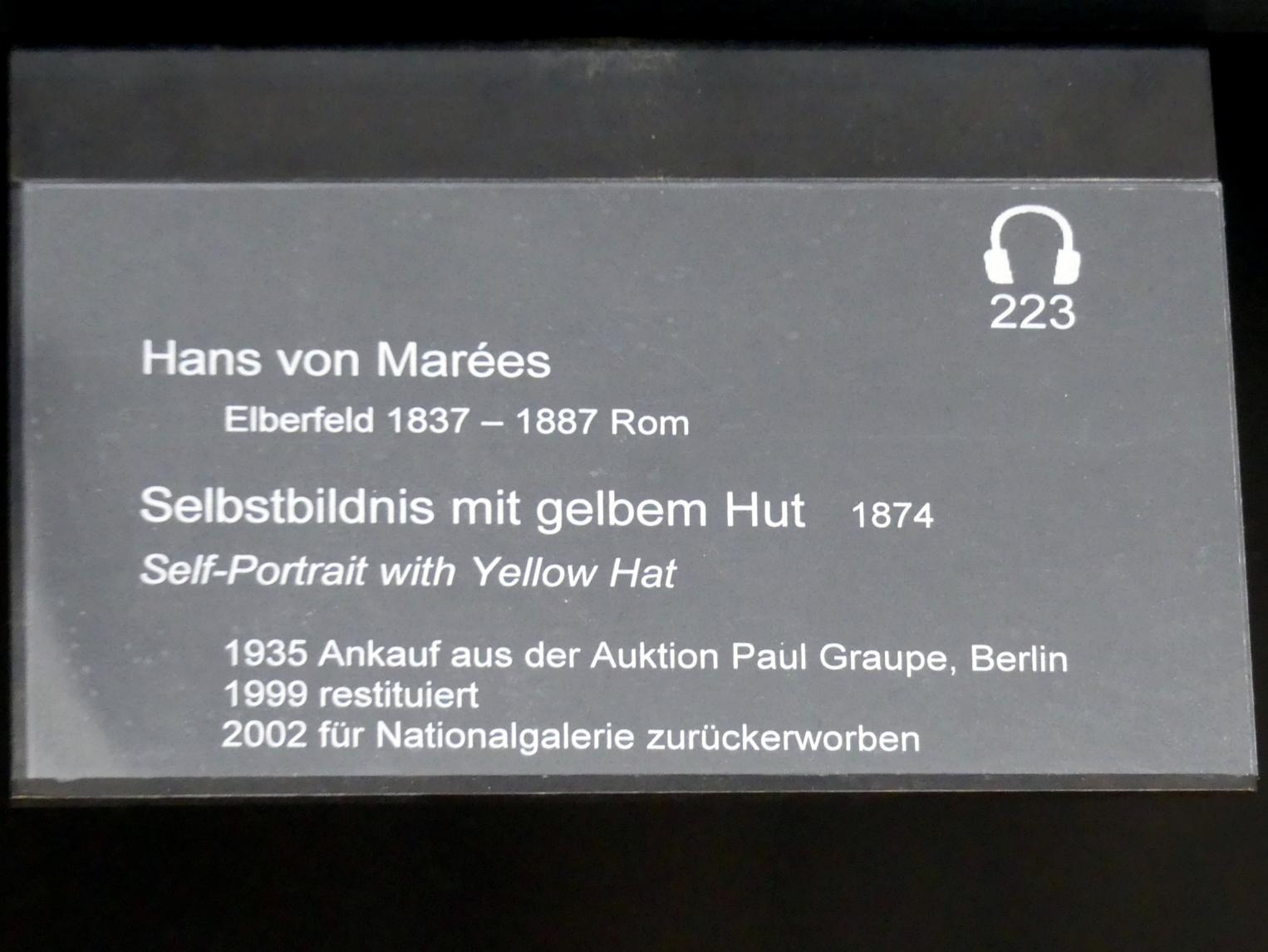 Hans von Marées (1861–1886), Selbstbildnis mit gelbem Hut, Berlin, Alte Nationalgalerie, Saal 202, Deutschrömer, 1874, Bild 2/2