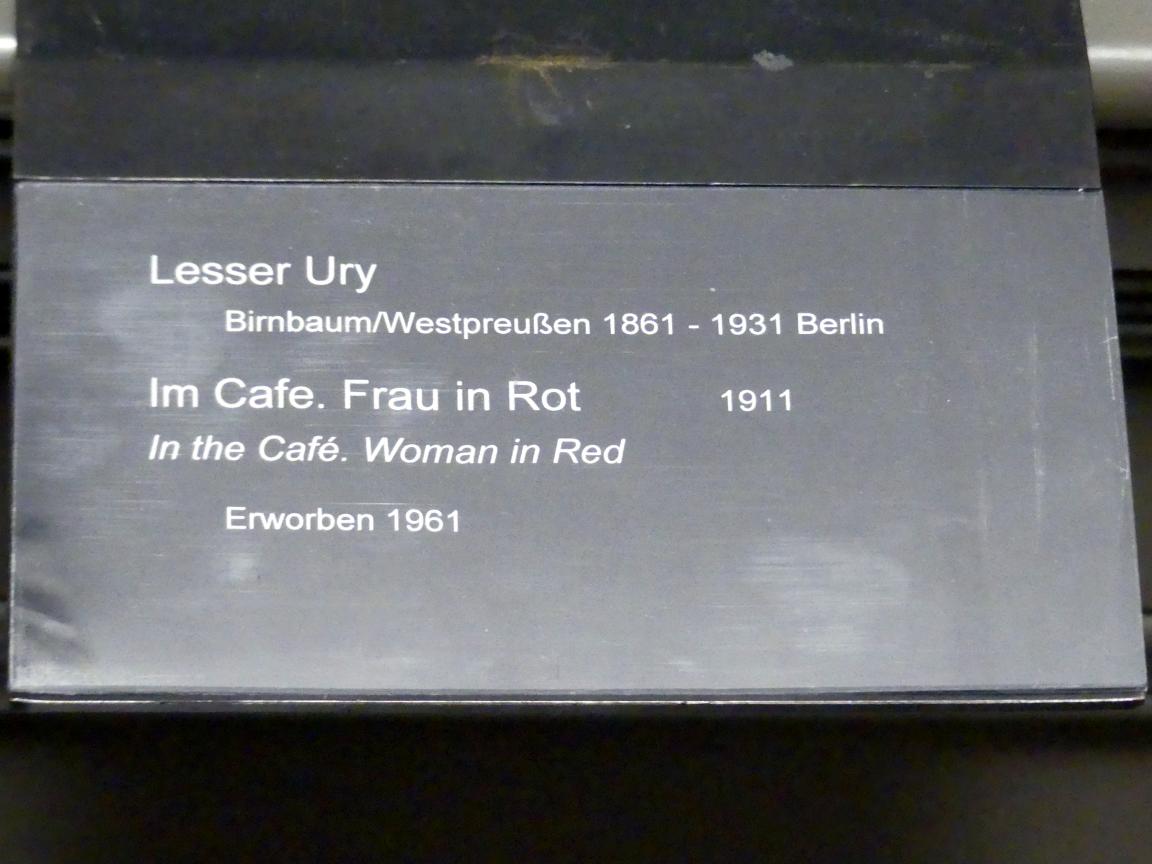 Lesser Ury (1881–1931), Im Cafe. Frau in Rot, Berlin, Alte Nationalgalerie, Saal 212, Realismus in Deutschland, 1911, Bild 2/2