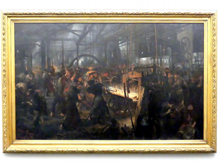Adolph von Menzel (1844–1888), Das Eisenwalzwerk (Moderne Cyklopen), Berlin, Alte Nationalgalerie, Saal 113, Kunst der Gründerzeit, 1872–1875, Bild 1/2