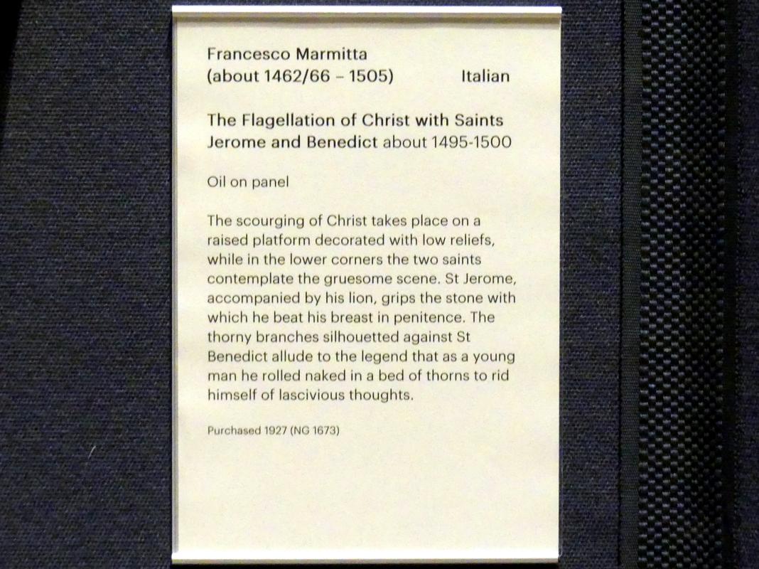 Francesco Marmitta (1491–1502), Geißelung Christi mit den hll. Hieronymus und Benedikt, Edinburgh, Scottish National Gallery, Saal 4, Kabinettstücke, um 1495–1500, Bild 2/2