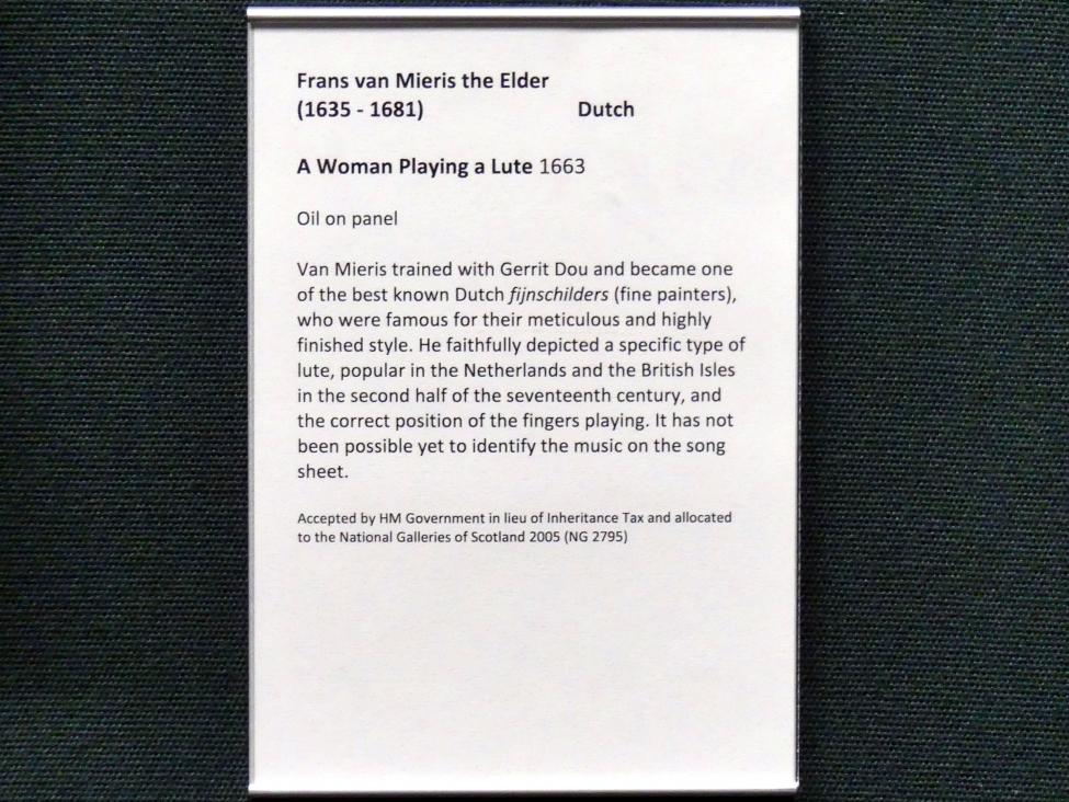 Frans van Mieris der Ältere (1657–1678), Lautenspielerin, Edinburgh, Scottish National Gallery, Saal 9, Niederländische und flämische Malerei, 1663, Bild 2/2