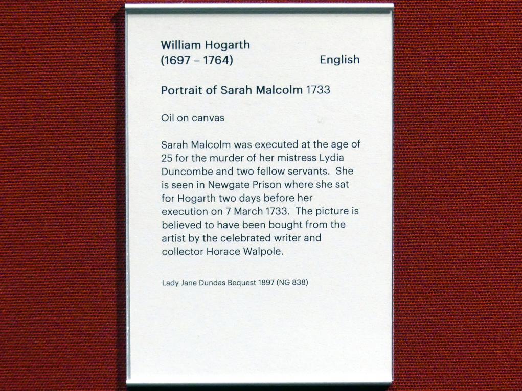 William Hogarth (1733–1743), Bildnis der Sarah Malcolm, Edinburgh, Scottish National Gallery, Saal 12, Malerei als Schauspiel, 1733, Bild 2/2