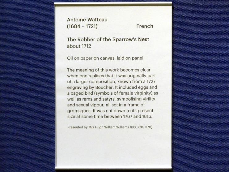 Antoine Watteau (Jean-Antoine Watteau) (1709–1720), Der Räuber des Spatzennestes, Edinburgh, Scottish National Gallery, Saal 14, Kunst des 18. und 19. Jahrhunderts, um 1712, Bild 2/2