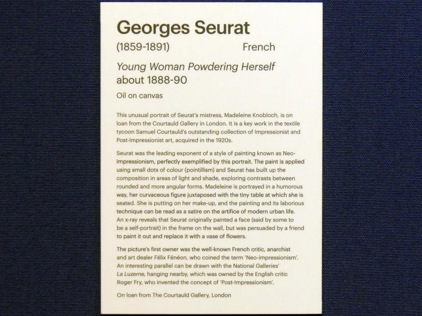 Georges Seurat (1879–1891), Junge Frau beim Pudern, Edinburgh, Scottish National Gallery, Saal 18, Impressionismus und Post-Impressionismus, um 1888–1890, Bild 2/2