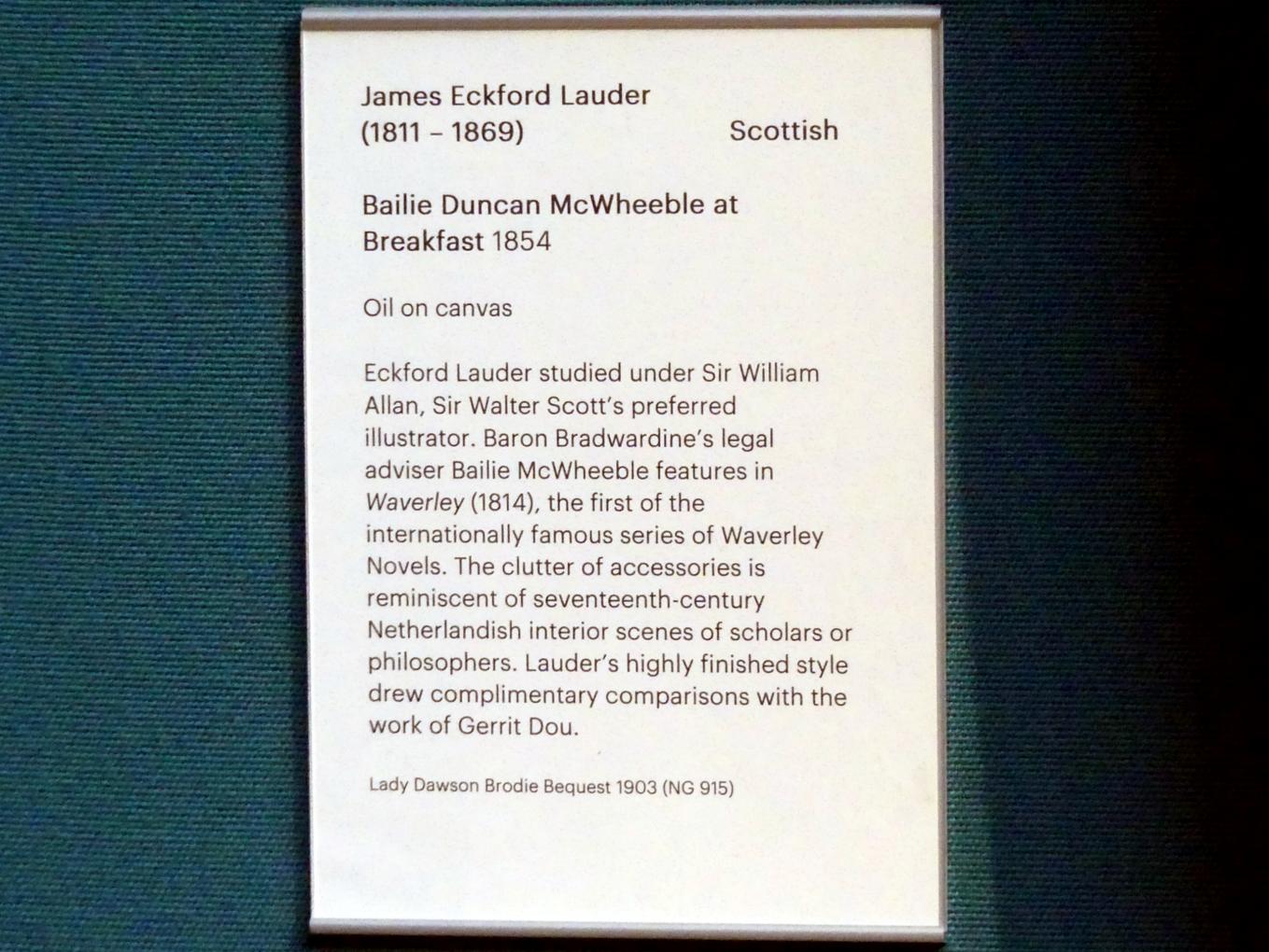 James Eckford Lauder (1854), Bailie Duncan McWheeble beim Frühstück, Edinburgh, Scottish National Gallery, Saal 17, Einhundert Jahre Schottische Kunst 1820-1920, 1854, Bild 2/2