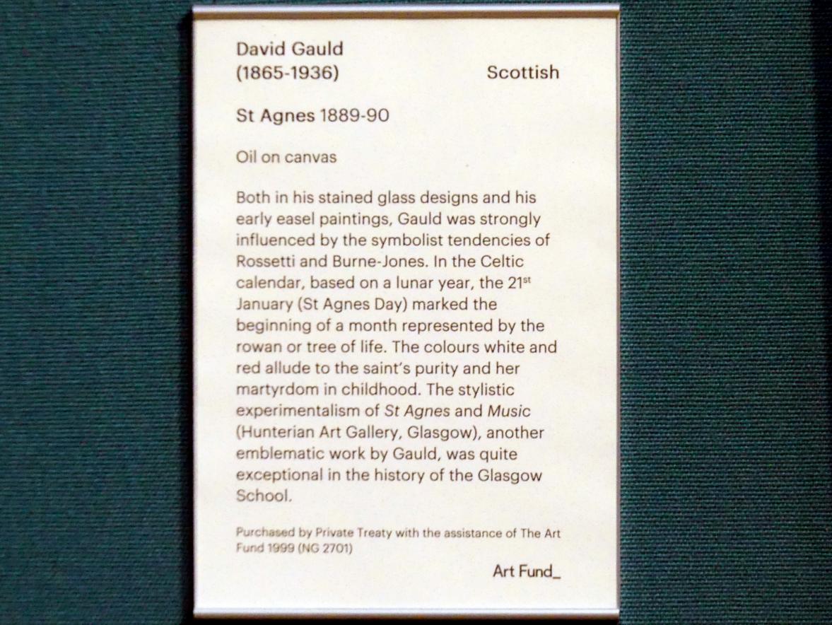 David Gauld (1889), Heilige Agnes, Edinburgh, Scottish National Gallery, Saal 17, Einhundert Jahre Schottische Kunst 1820-1920, 1889–1890, Bild 2/2