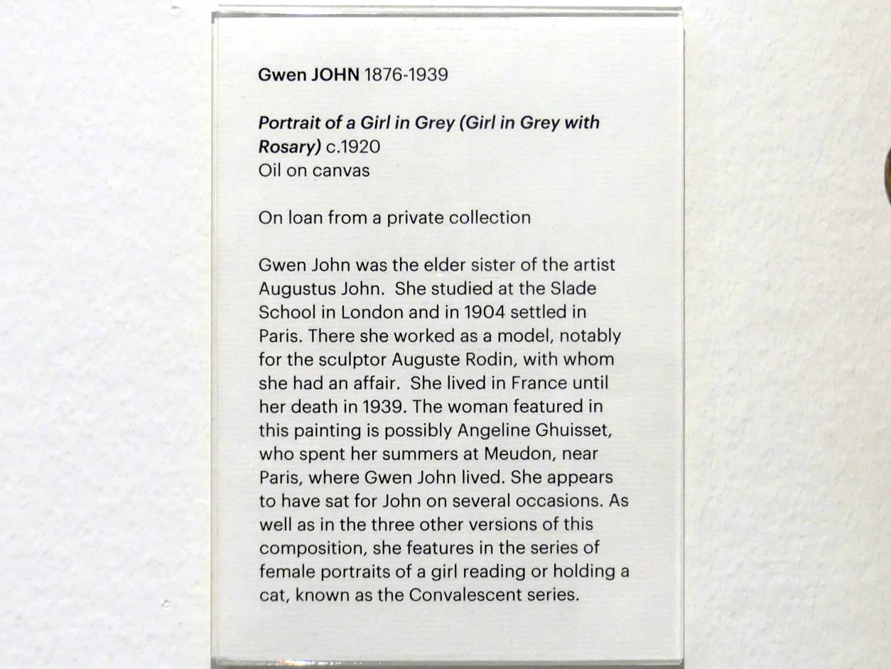 Gwen John (Gwendolen Mary John) (1900–1920), Bildnis eines Mädchens in grau (Mädchen in grau mit Rosenkranz), Edinburgh, Scottish National Gallery of Modern Art, Gebäude One, Saal 13 - Kunst zur Jahrhundertwende, um 1920, Bild 2/2