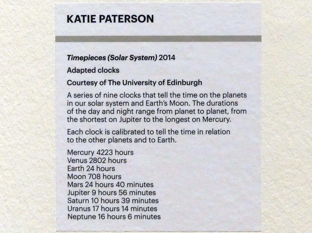 Katie Paterson (2007–2019), Zeitmesser (Sonnensystem), Edinburgh, Scottish National Gallery of Modern Art, Gebäude One, Saal 7 - Katie Paterson, 2014, Bild 3/3