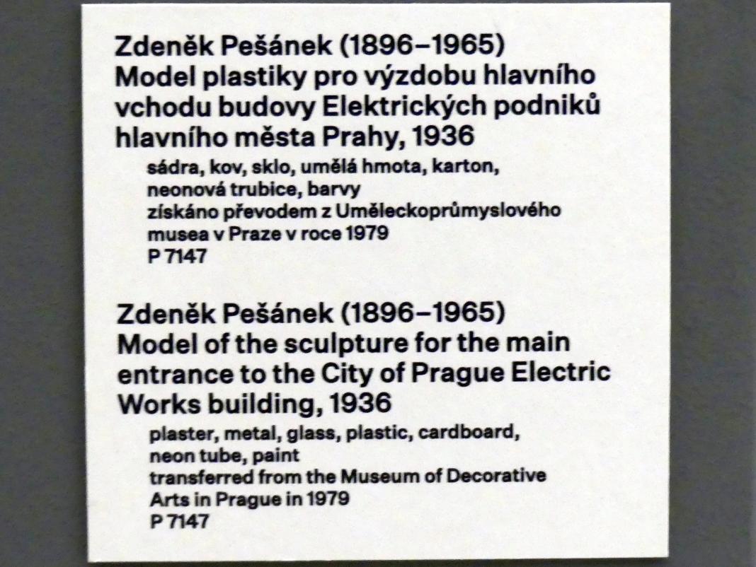 Zdeněk Pešánek (1931–1936), Modell für die Skulptur am Haupteingang des Prager Elektrifizierungsamtes, Prag, Nationalgalerie im Messepalast, 1918-1939, Saal 10, 1936, Bild 5/5