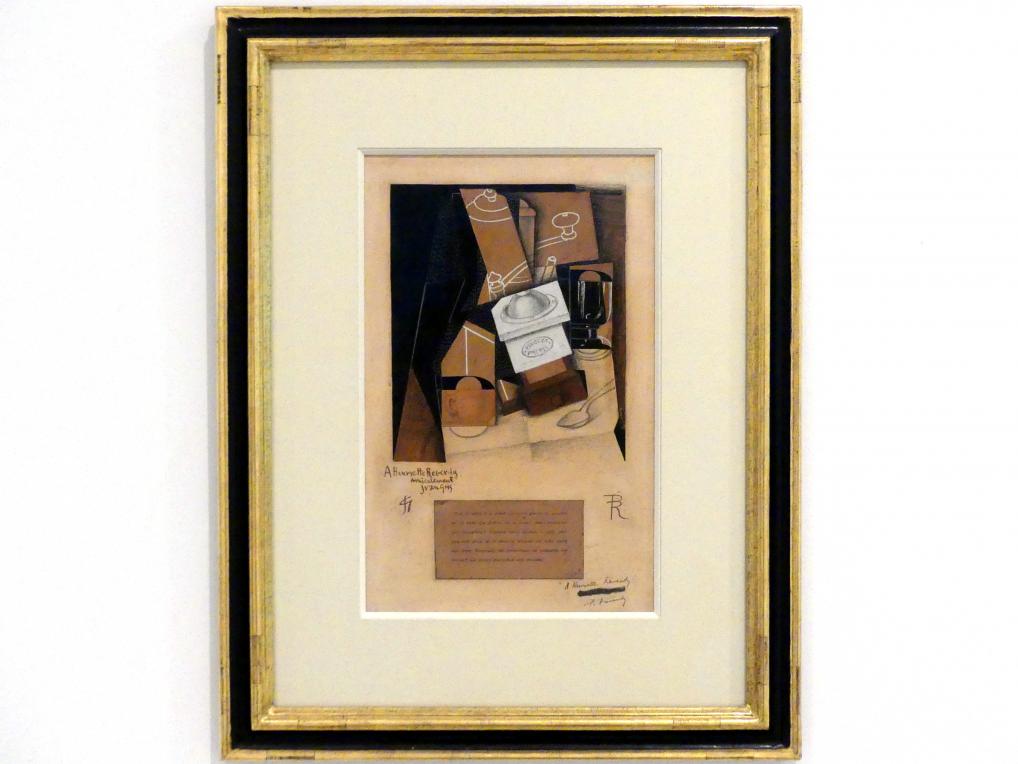 Juan Gris (1911–1926), Kaffeemühle, Tasse und Glas auf einem Tisch, Madrid, Museo Reina Sofía, Saal 210, 1915–1916