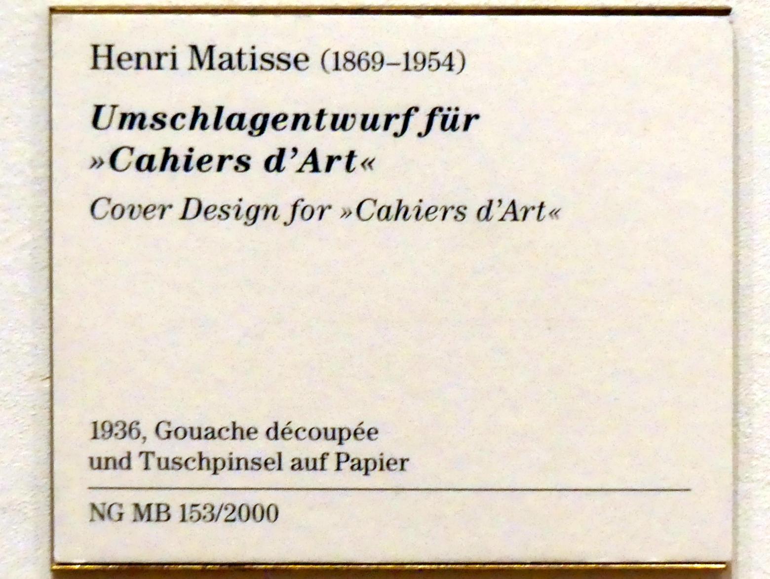 Henri Matisse (1898–1953), Umschlagentwurf für "Cahiers d'Art", Berlin, Museum Berggruen, Kommandantenhaus, Erdgeschoss, Saal 4, 1936, Bild 2/2