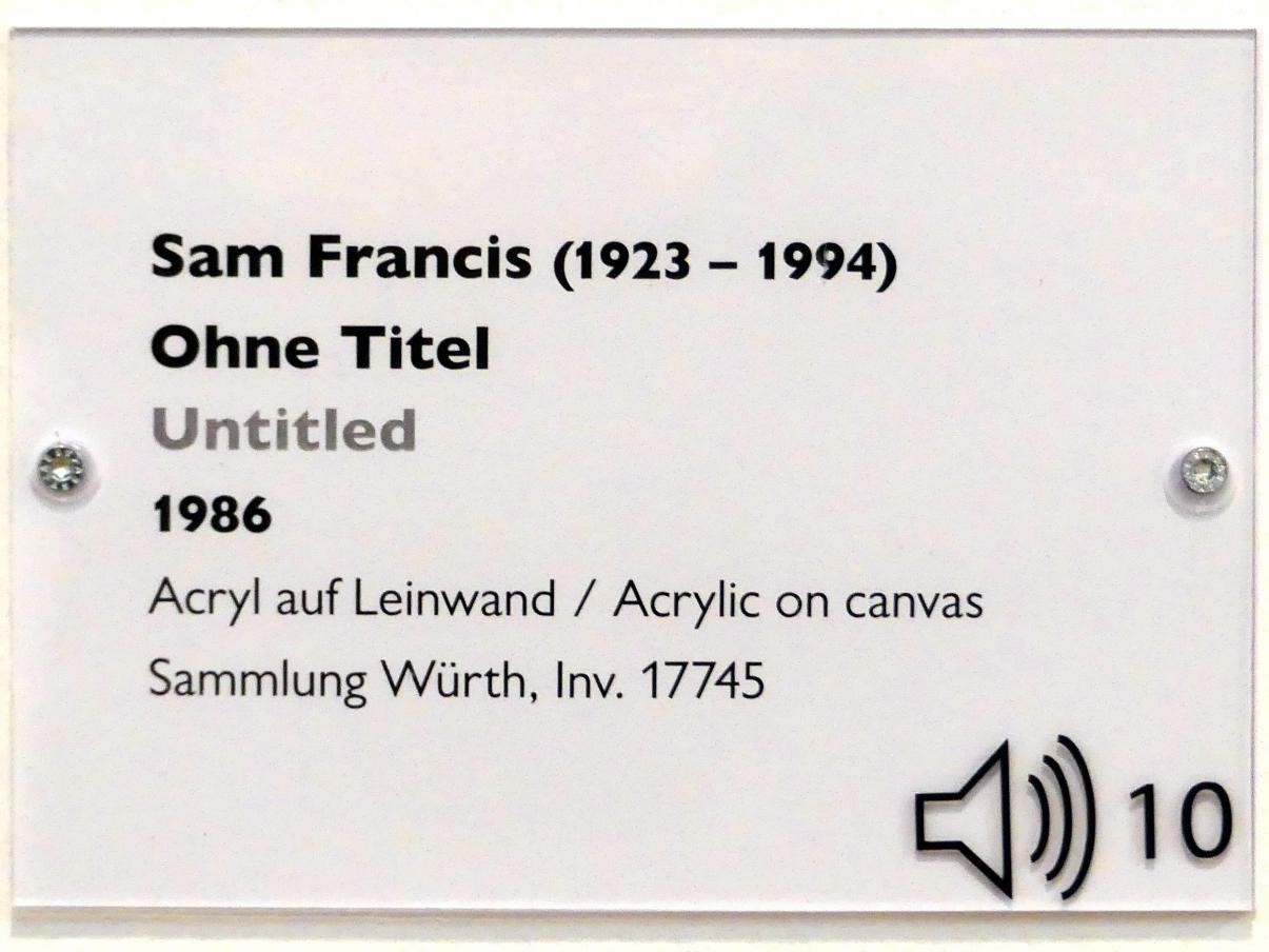 Sam Francis (1957–1989), Ohne Titel, Schwäbisch Hall, Kunsthalle Würth, Ausstellung "Lust auf mehr" vom 30.09.2019 - 20.09.2020, Obergeschoss, 1986, Bild 2/2