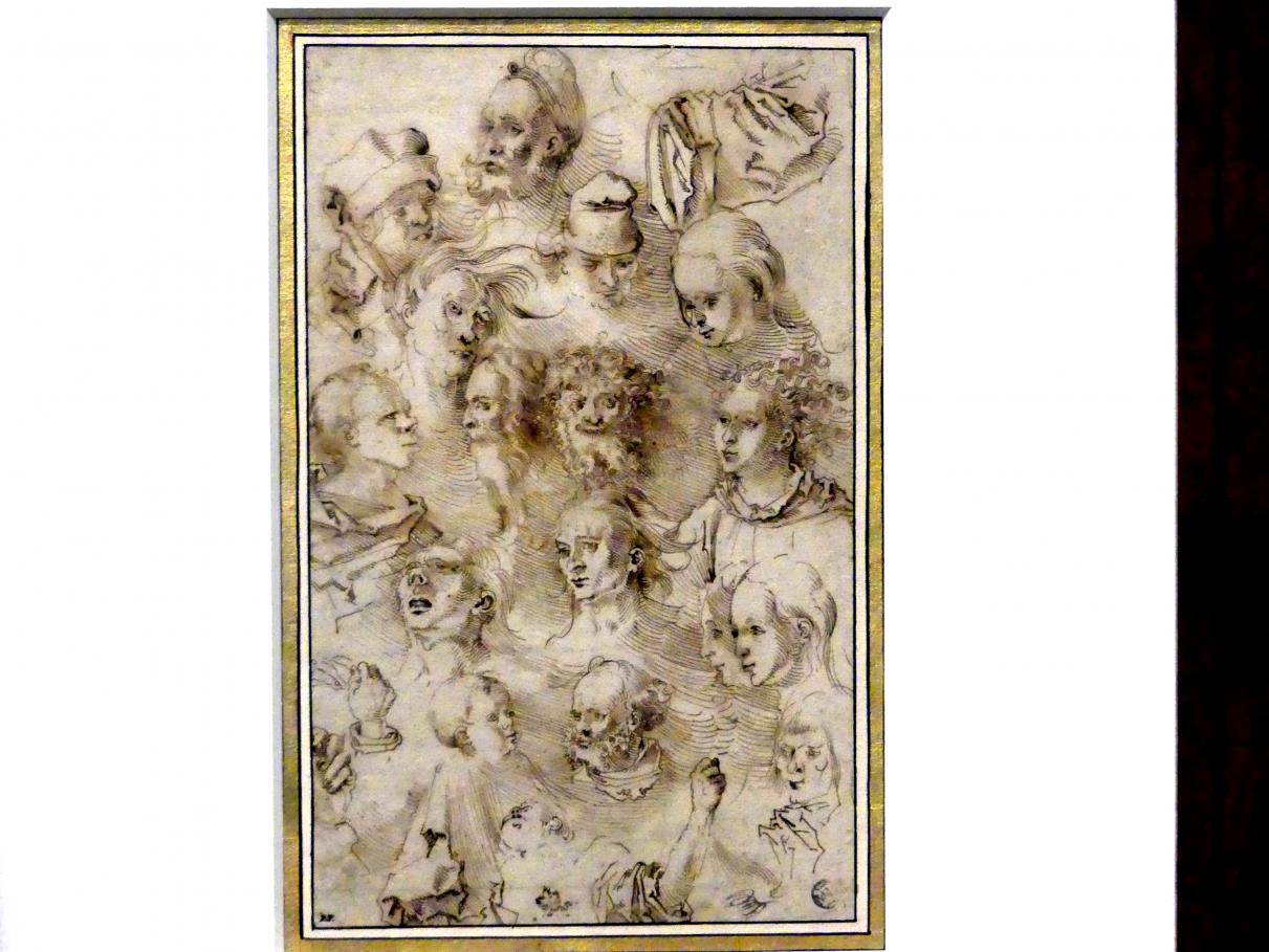 Hans Baldung Grien (1500–1544), Studienblatt mit Köpfen, Händen und Gewändern, Karlsruhe, Staatliche Kunsthalle, Ausstellung "Hans Baldung Grien, heilig | unheilig", Saal 2, um 1507