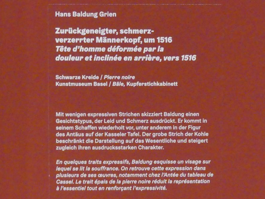 Hans Baldung Grien (1500–1544), Zurückgeneigter, schmerzverzerrter Männerkopf, Karlsruhe, Staatliche Kunsthalle, Ausstellung "Hans Baldung Grien, heilig | unheilig", Saal 7, um 1516, Bild 3/3