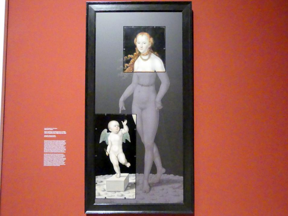 Lucas Cranach der Jüngere (Werkstatt) (1540–1570), Venus und Amor, zwei Fragmente, Karlsruhe, Staatliche Kunsthalle, Ausstellung "Hans Baldung Grien, heilig | unheilig", Saal 9, um 1540, Bild 1/2