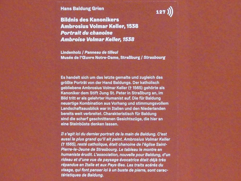 Hans Baldung Grien (1500–1544), Bildnis des Kanonikers Ambrosius Volmar Keller, Karlsruhe, Staatliche Kunsthalle, Ausstellung "Hans Baldung Grien, heilig | unheilig", Saal 9, 1538, Bild 2/2