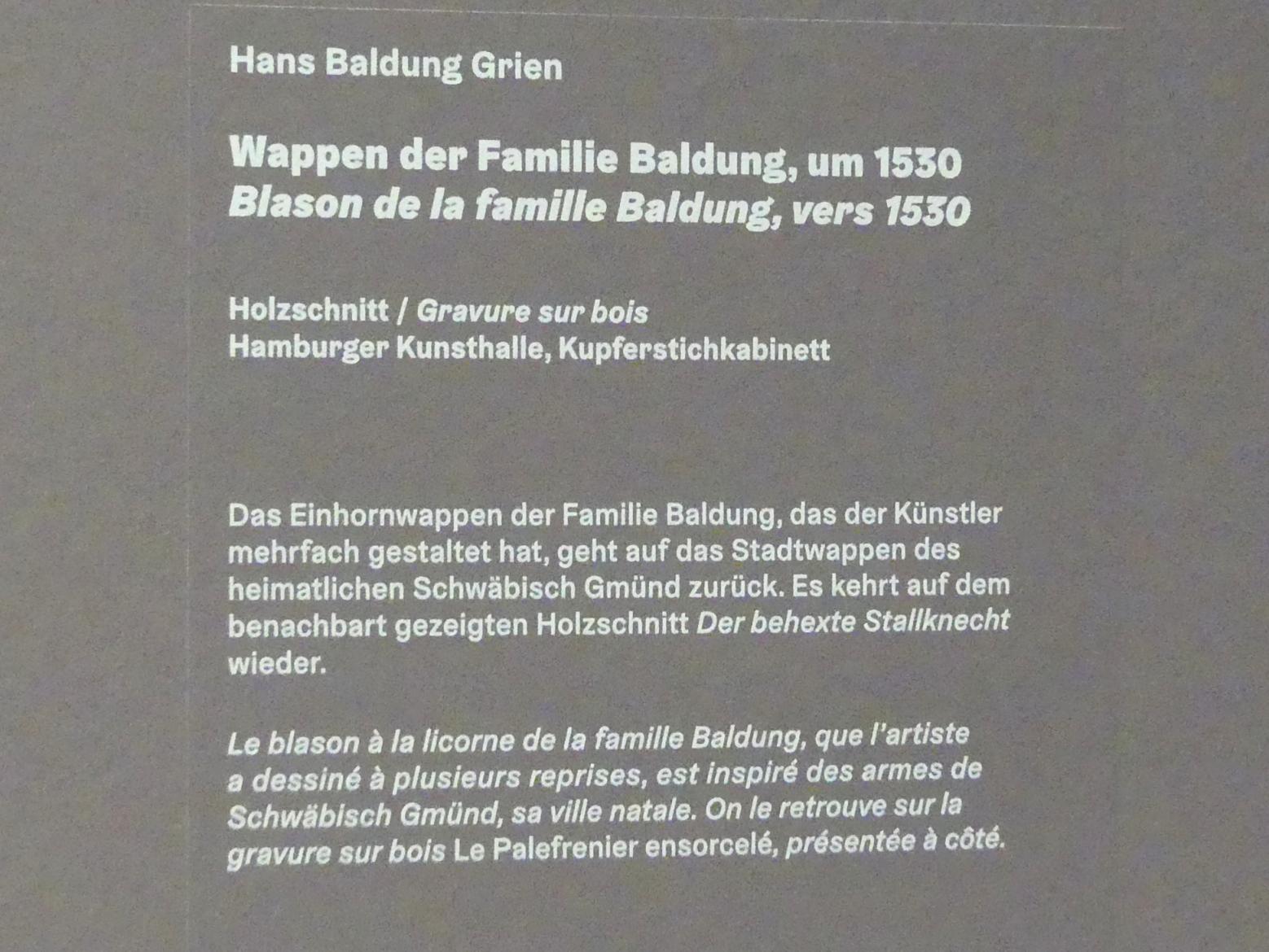 Hans Baldung Grien (1500–1544), Wappen der Familie Baldung, Karlsruhe, Staatliche Kunsthalle, Ausstellung "Hans Baldung Grien, heilig | unheilig", Saal 13, um 1530, Bild 3/3