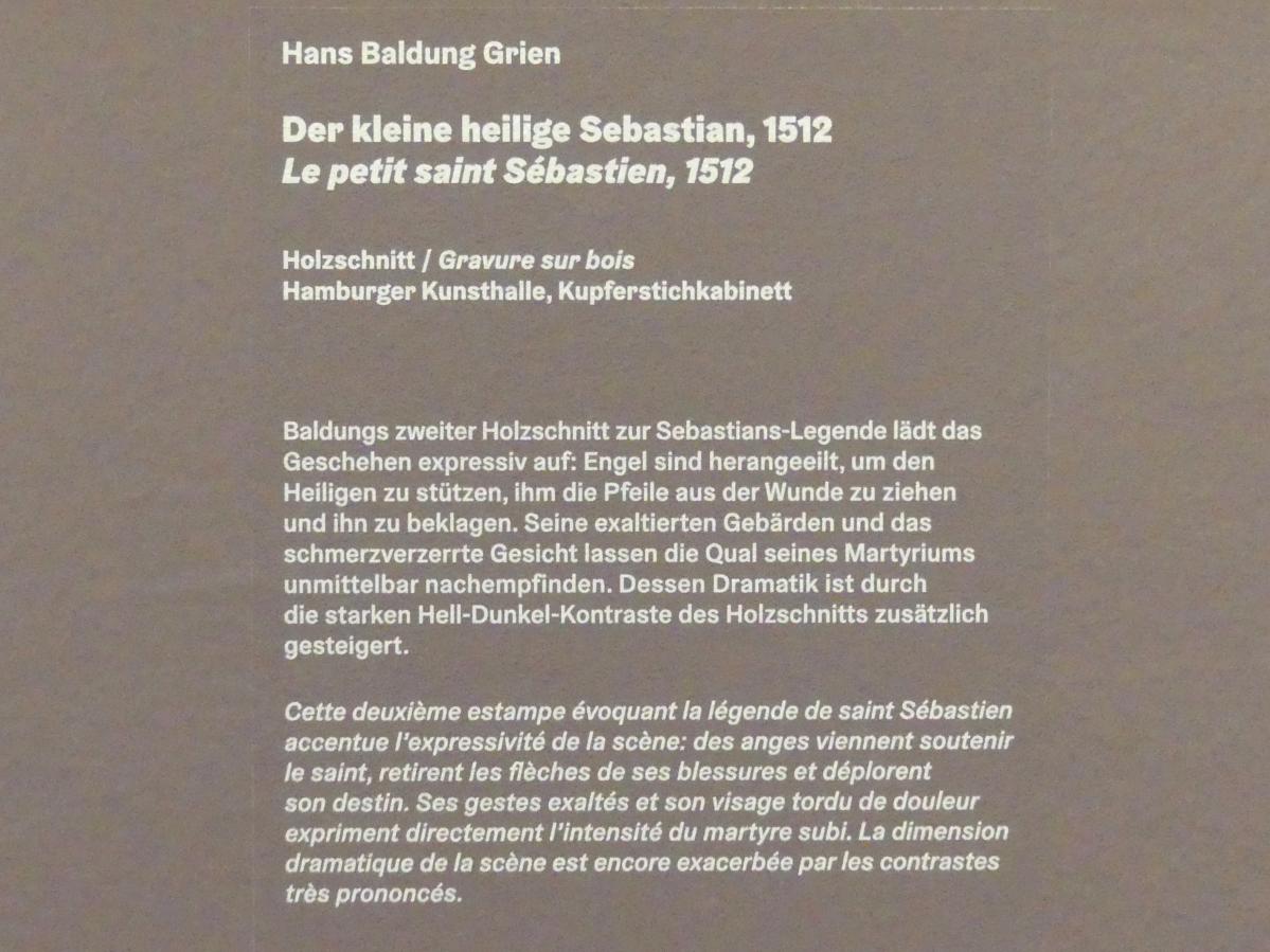 Hans Baldung Grien (1500–1544), Der kleine heilige Sebastian, Karlsruhe, Staatliche Kunsthalle, Ausstellung "Hans Baldung Grien, heilig | unheilig", Saal 10, 1512, Bild 3/3