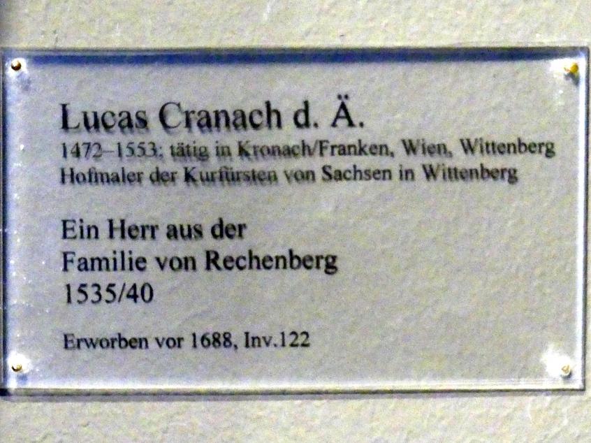 Lucas Cranach der Ältere (1502–1550), Ein Herr aus der Familie von Rechberg, Karlsruhe, Staatliche Kunsthalle, Saal 18, 1535–1540, Bild 2/2