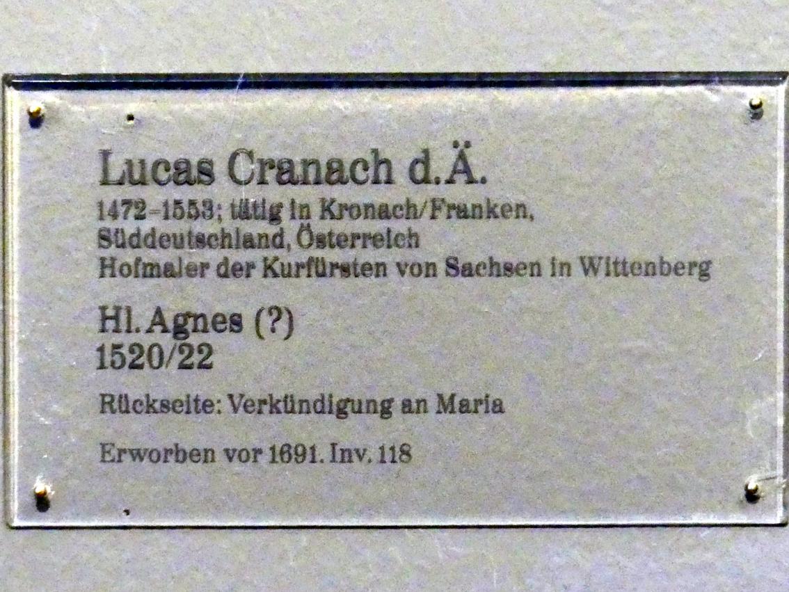 Lucas Cranach der Ältere (1502–1550), Hl. Agnes (?), Karlsruhe, Staatliche Kunsthalle, Saal 18, 1520–1522, Bild 2/2