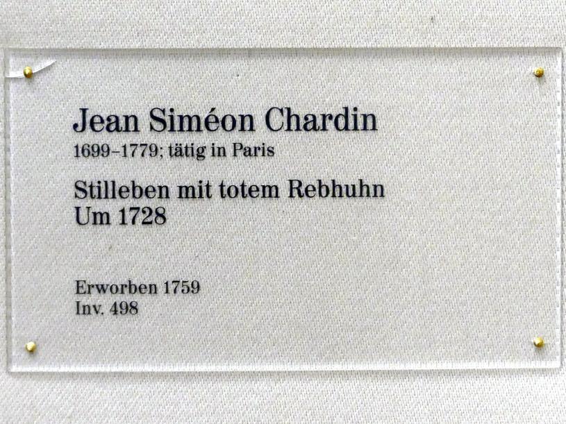 Jean Siméon Chardin (1725–1768), Stillleben mit totem Rebhuhn, Karlsruhe, Staatliche Kunsthalle, Saal 23, um 1728, Bild 2/2