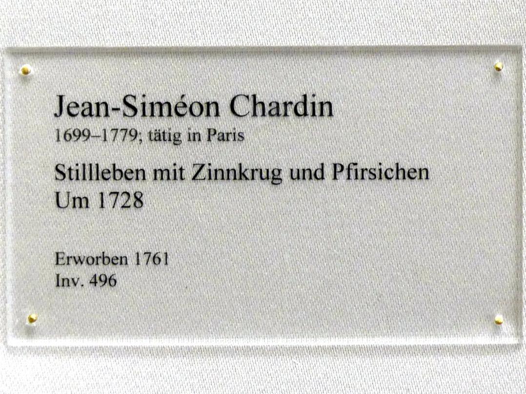 Jean Siméon Chardin (1725–1768), Stillleben mit Zinnkrug und Pfirsichen, Karlsruhe, Staatliche Kunsthalle, Saal 23, um 1728, Bild 2/2