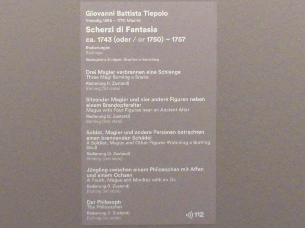 Giovanni Battista Tiepolo (1715–1785), Soldat, Magier und andere Personen betrachten einen brennenden Schädel, Stuttgart, Staatsgalerie, Ausstellung "Tiepolo"  vom 11.10.2019 - 02.02.2020, Saal 6: Karikaturen, Capricci und Scherzi, um 1743–1757, Bild 3/3