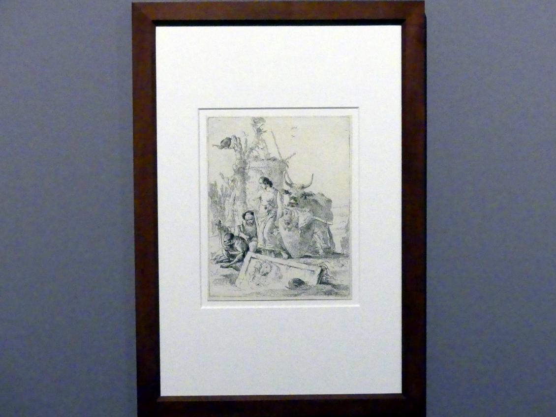 Giovanni Battista Tiepolo (1715–1785), Jüngling zwischen einem Philosophen mit Affen und einem Ochsen, Stuttgart, Staatsgalerie, Ausstellung "Tiepolo"  vom 11.10.2019 - 02.02.2020, Saal 6: Karikaturen, Capricci und Scherzi, um 1743–1757, Bild 2/3