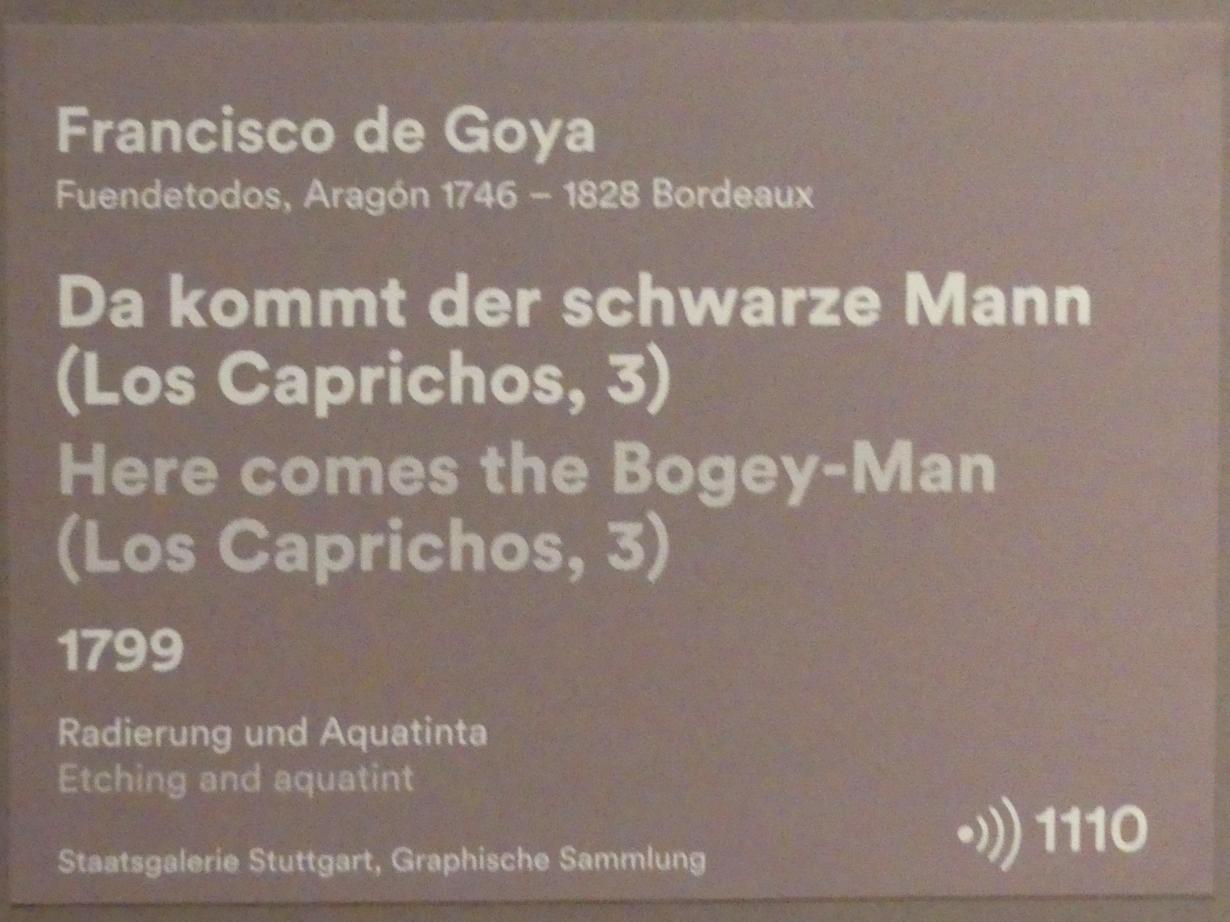 Francisco de Goya (Francisco José de Goya y Lucientes) (1779–1820), Da kommt der schwarze Mann (Los Caprichos, 3), Stuttgart, Staatsgalerie, Ausstellung "Tiepolo"  vom 11.10.2019 - 02.02.2020, Saal 6: Karikaturen, Capricci und Scherzi, 1799, Bild 3/3