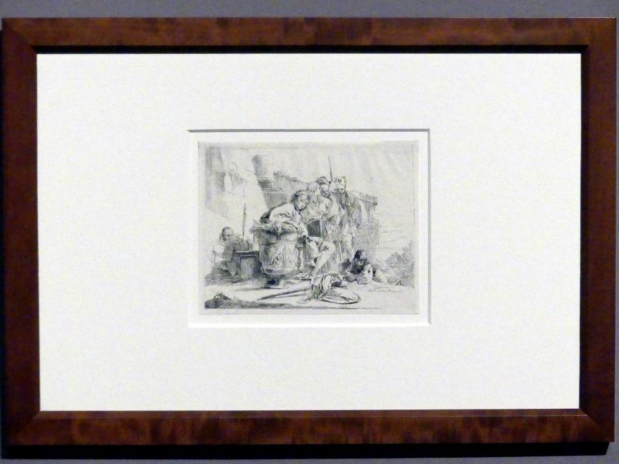 Giovanni Battista Tiepolo (1715–1785), Junger Mann bei einer Urne und weitere Figuren in einer Ruinenlandschaft, Stuttgart, Staatsgalerie, Ausstellung "Tiepolo"  vom 11.10.2019 - 02.02.2020, Saal 6: Karikaturen, Capricci und Scherzi, um 1740–1742, Bild 2/3