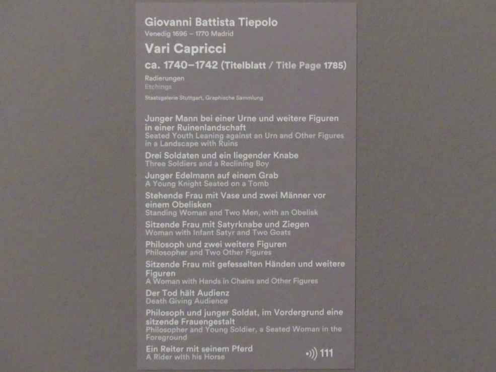 Giovanni Battista Tiepolo (1715–1785), Junger Mann bei einer Urne und weitere Figuren in einer Ruinenlandschaft, Stuttgart, Staatsgalerie, Ausstellung "Tiepolo"  vom 11.10.2019 - 02.02.2020, Saal 6: Karikaturen, Capricci und Scherzi, um 1740–1742, Bild 3/3