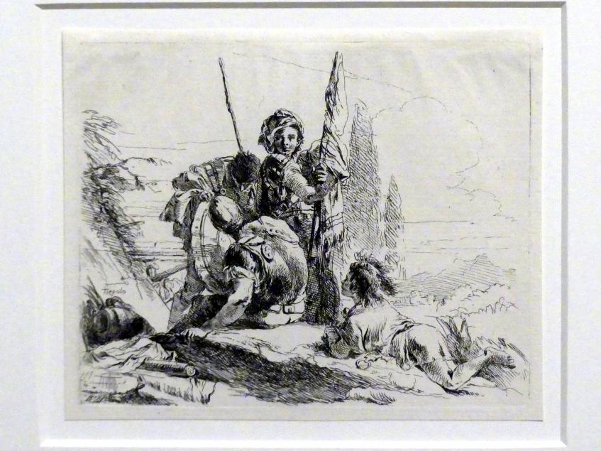 Giovanni Battista Tiepolo (1715–1785), Drei Soldaten und ein liegender Knabe, Stuttgart, Staatsgalerie, Ausstellung "Tiepolo"  vom 11.10.2019 - 02.02.2020, Saal 6: Karikaturen, Capricci und Scherzi, um 1740–1742, Bild 1/3